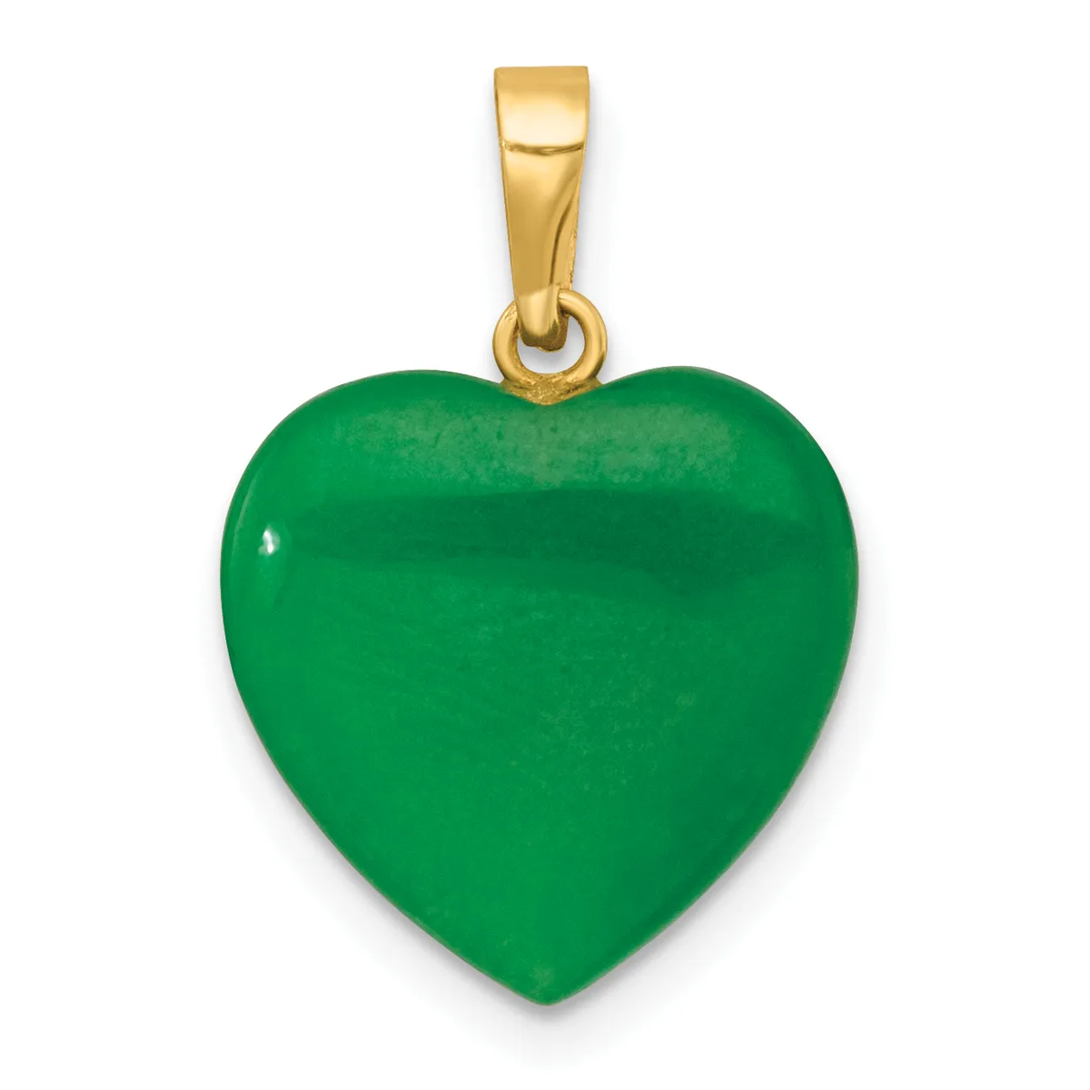 A polished green jade heart pendant suspended from a gold-toned bail against a white background.