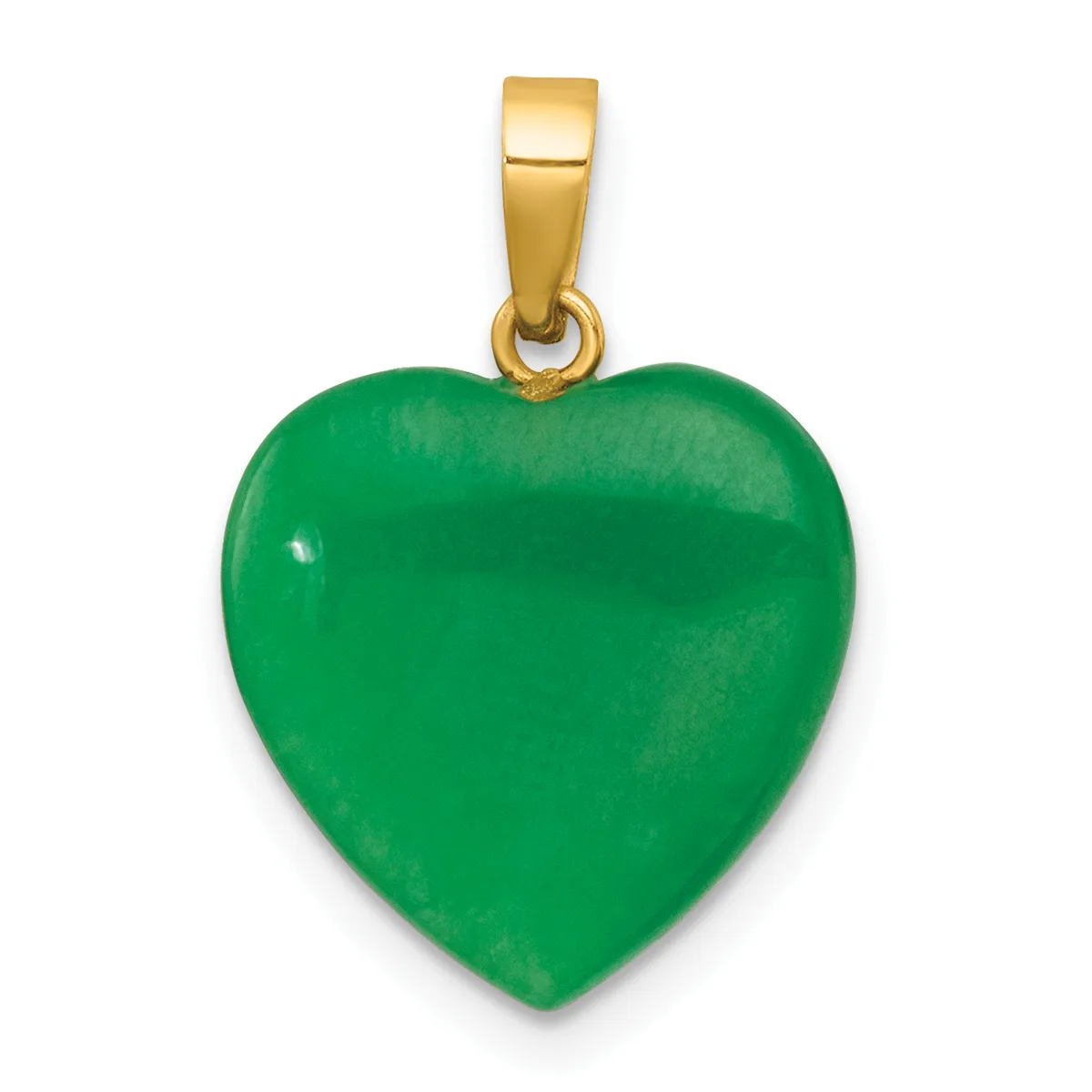 A polished green heart-shaped stone pendant suspended from a gold-toned metal bail and chain attachment loop.