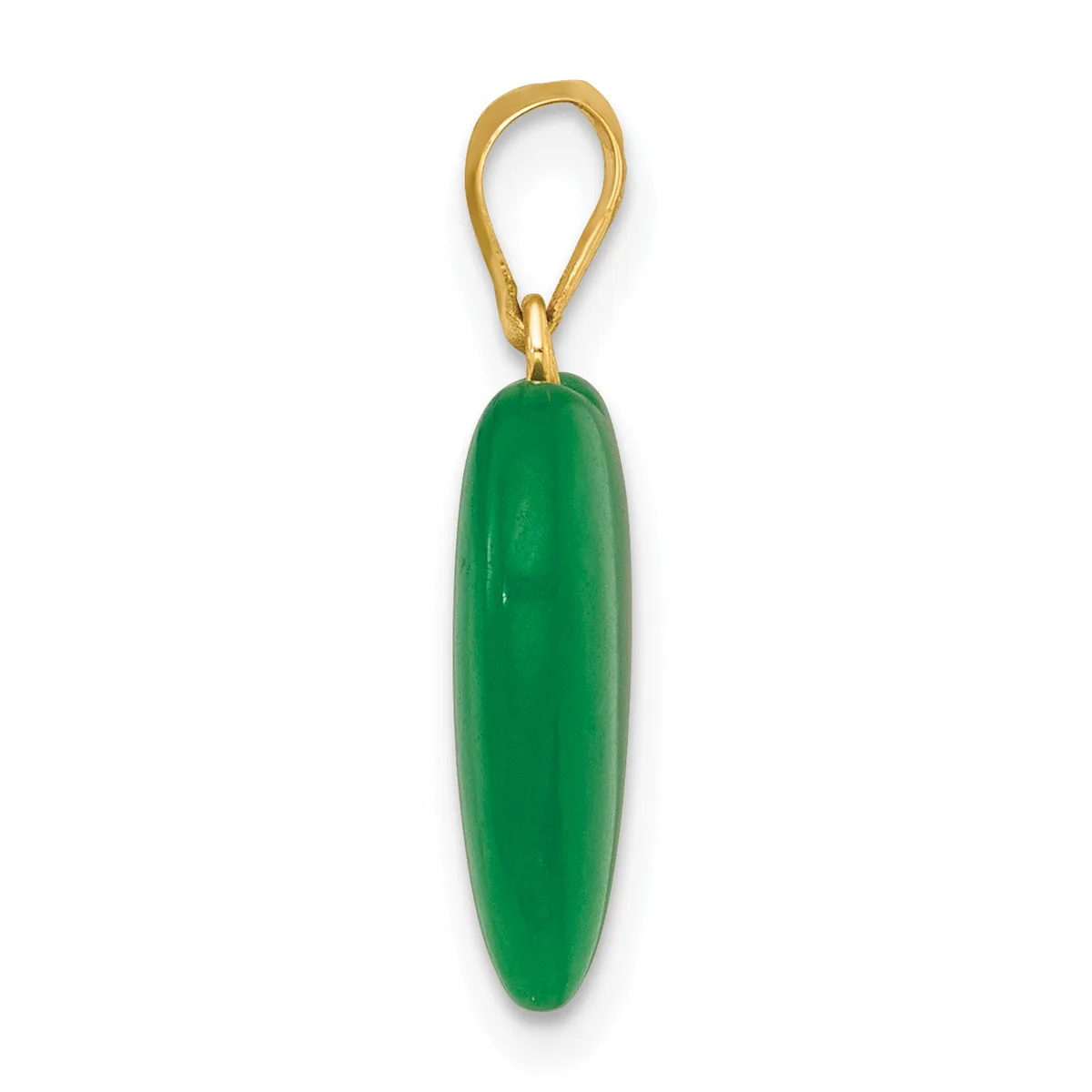 A polished green jade pendant in an elongated oval shape suspended from a gold-toned loop bail.