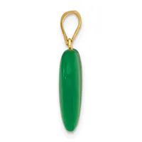 A polished green jade pendant in an elongated oval shape suspended from a gold-toned loop bail.