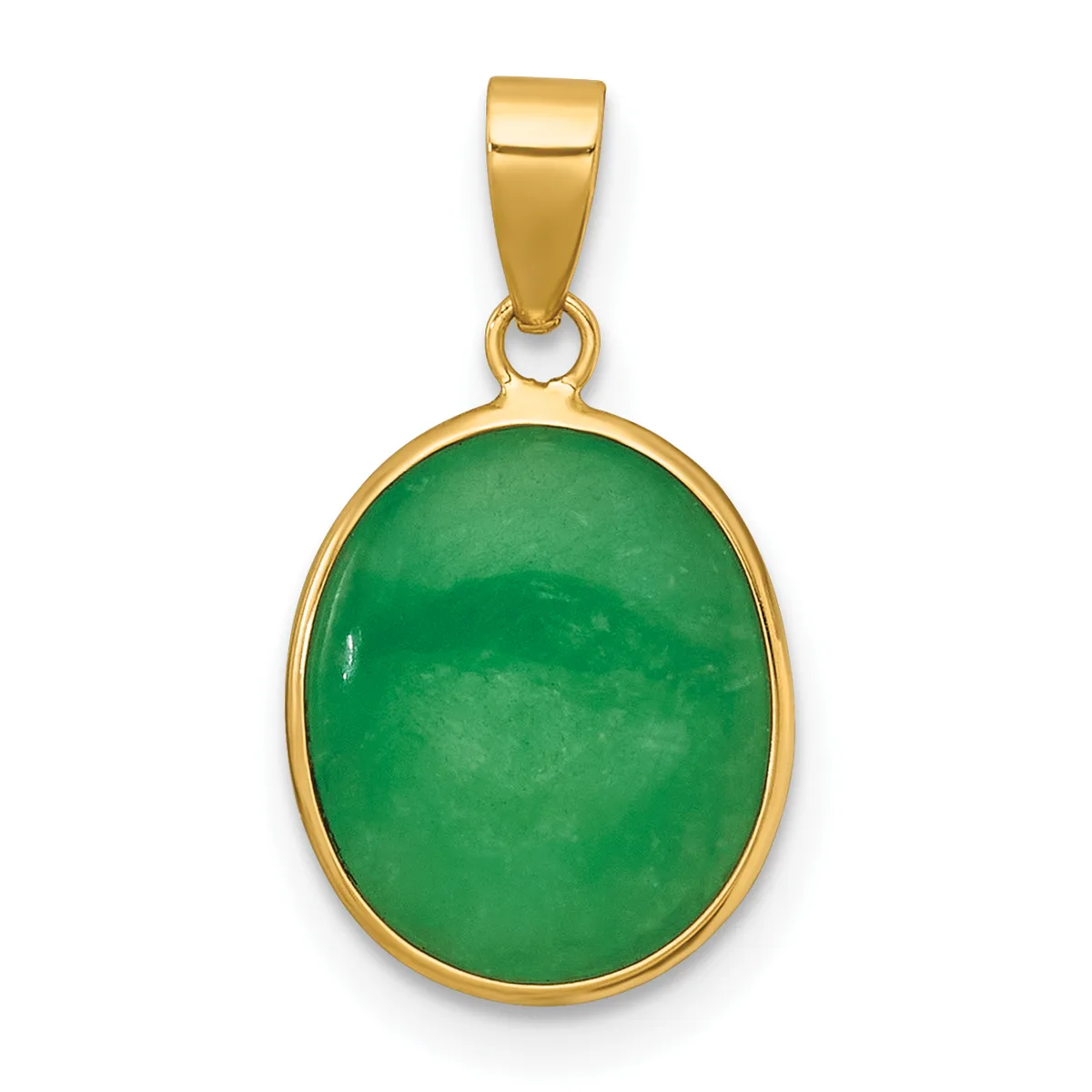 A gold pendant with an oval green jade stone set in a polished gold bezel, suspended from a gold bail.