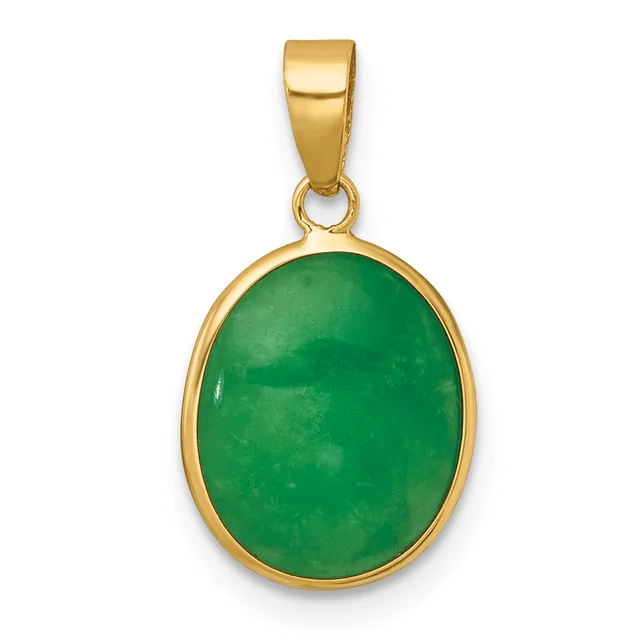 A gold pendant with an oval green jade stone set in a polished gold bezel, suspended from a gold bail.