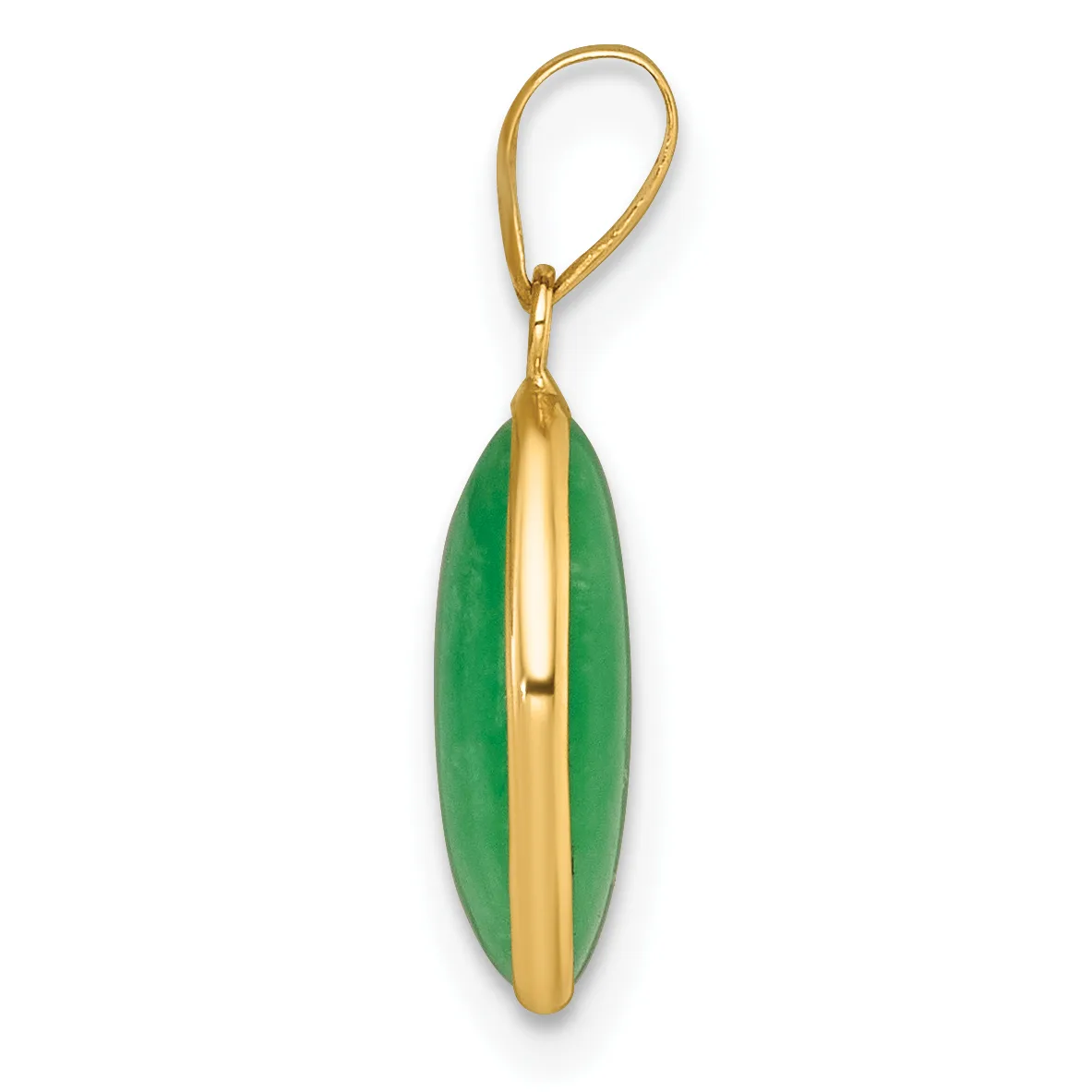 A gold-toned metal pendant charm shaped like an ear of corn with a green jade body and a polished gold center stripe, suspended from a looped gold bail.