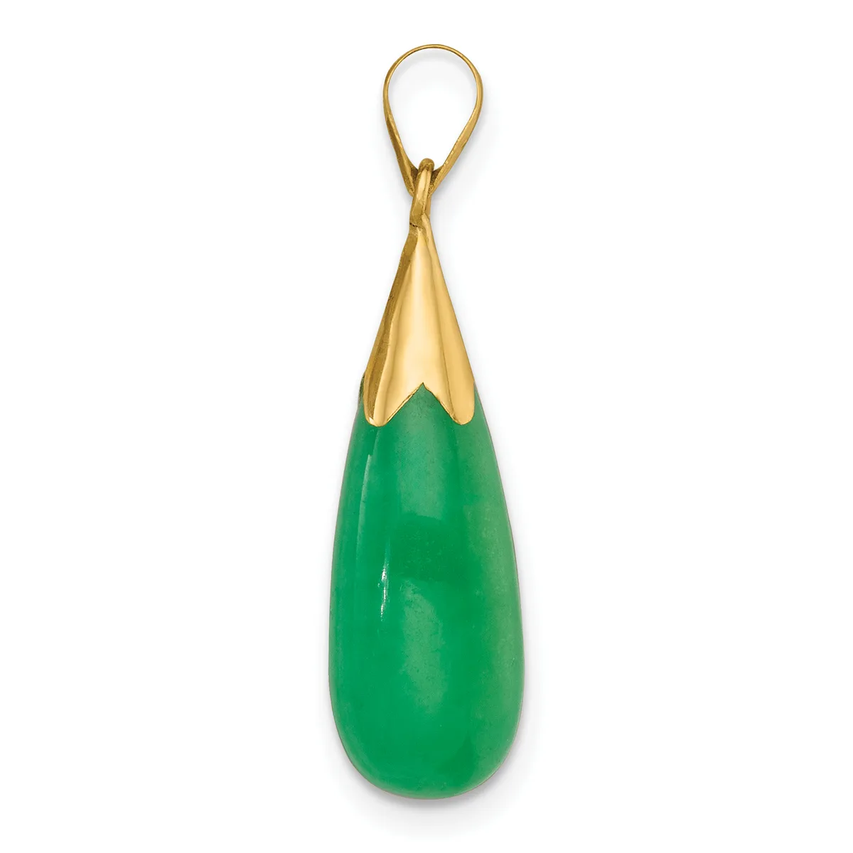A teardrop-shaped green jade pendant with a polished finish, topped with a gold-toned cap and attached to a looped gold bail.