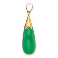 A teardrop-shaped green jade pendant with a polished finish, topped with a gold-toned cap and attached to a looped gold bail.