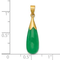 A teardrop-shaped green jade pendant with a gold-tone metal cap and bail, shown next to a ruler measuring approximately one inch in length.