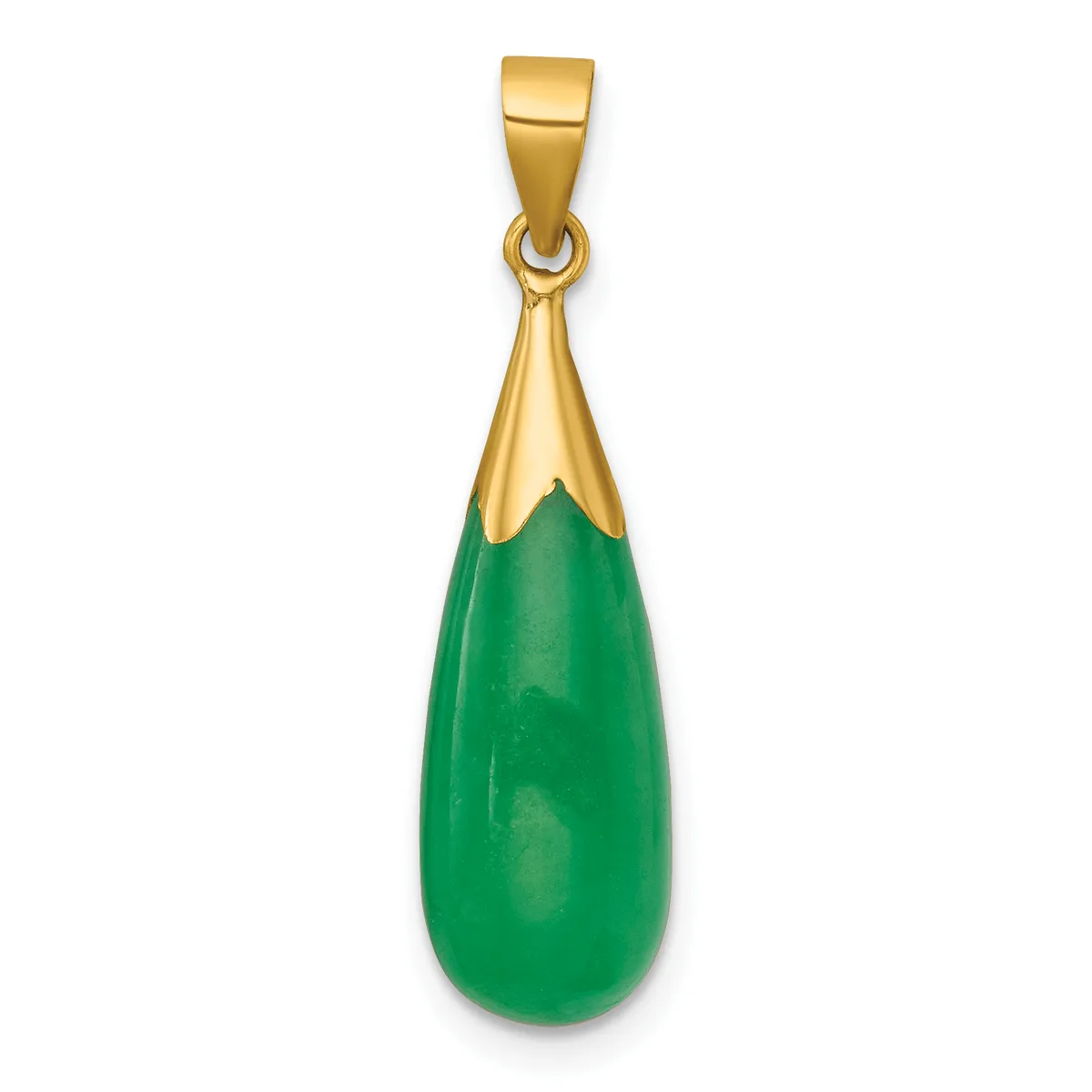 A teardrop-shaped green jade pendant with a gold-toned metal cap and bail, displayed against a white background.