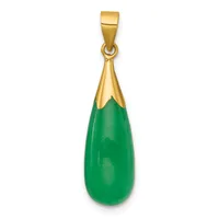 A teardrop-shaped green jade pendant with a gold-toned metal cap and bail, displayed against a white background.