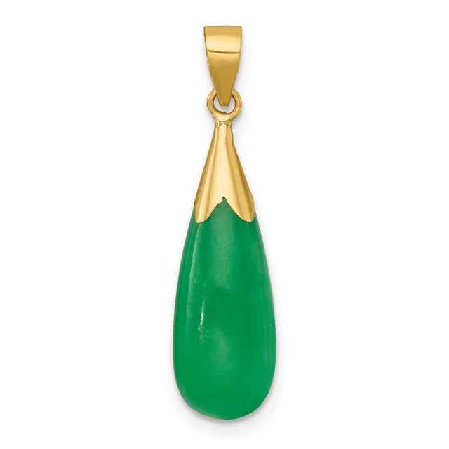 A teardrop-shaped green jade pendant with a polished surface, suspended from a gold-toned metal cap and bail.
