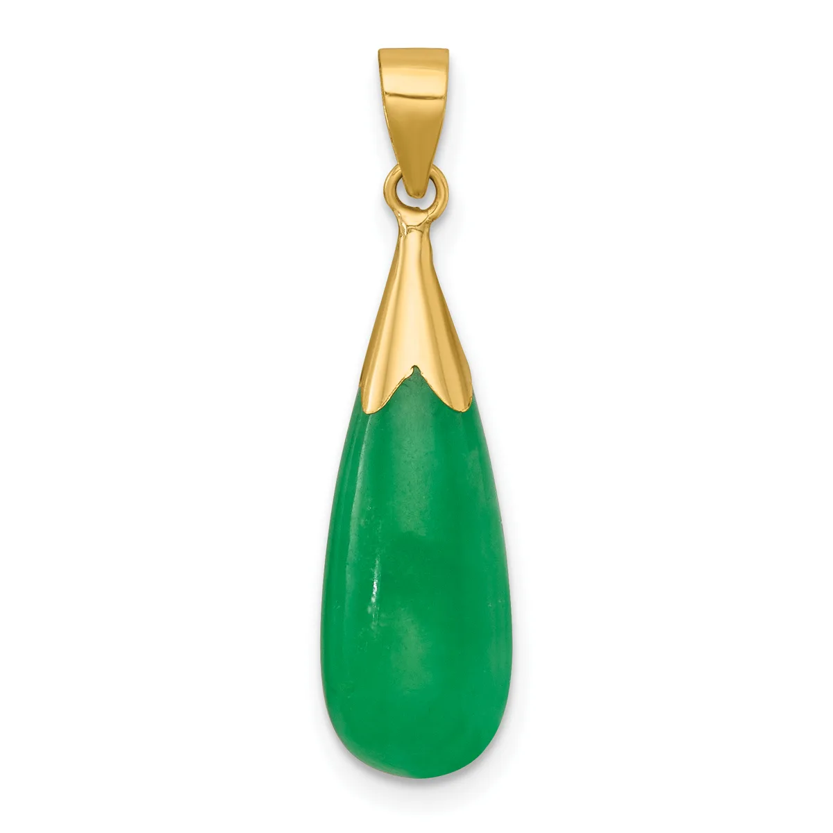 A teardrop-shaped green jade pendant with a polished surface, suspended from a gold-toned metal cap and bail.