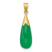 A teardrop-shaped green jade pendant with a polished surface, suspended from a gold-toned metal cap and bail.