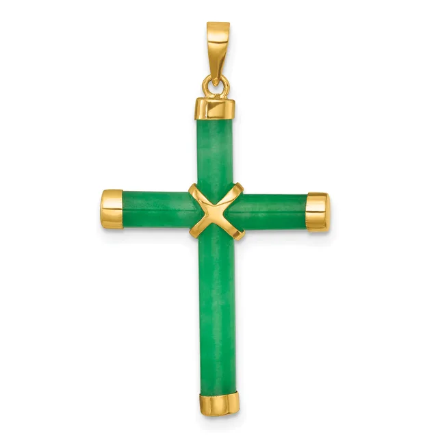 A gold cross pendant with green jade cylindrical segments connected by gold fittings, featuring a small gold loop at the top for hanging.