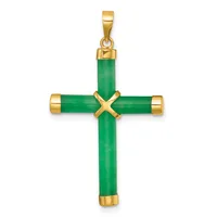 A gold cross pendant with green jade cylindrical segments connected by gold fittings, featuring a small gold loop at the top for hanging.