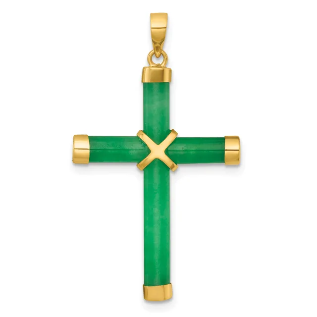 A green jade cross pendant with gold-tone metal caps and an X-shaped gold connector at the center, suspended from a gold bail.