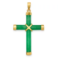 A green jade cross pendant with gold-tone metal caps and an X-shaped gold connector at the center, suspended from a gold bail.