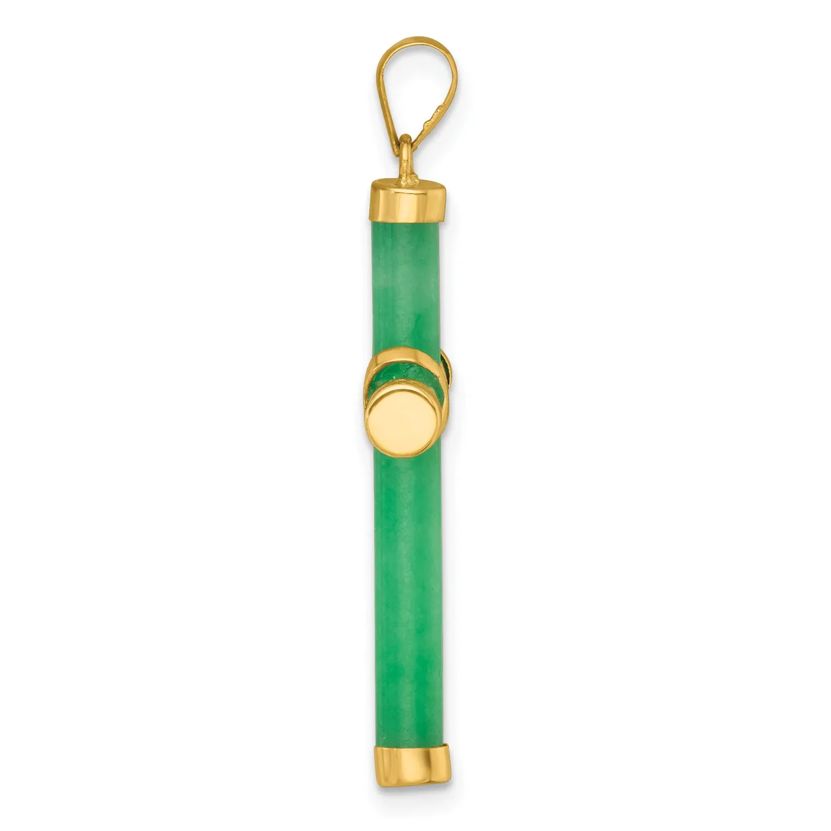 A green jade cylindrical pendant with gold-tone metal caps and a circular gold-tone medallion accent, suspended from a gold-tone loop.