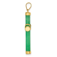 A green jade cylindrical pendant with gold-tone metal caps and a circular gold-tone medallion accent, suspended from a gold-tone loop.