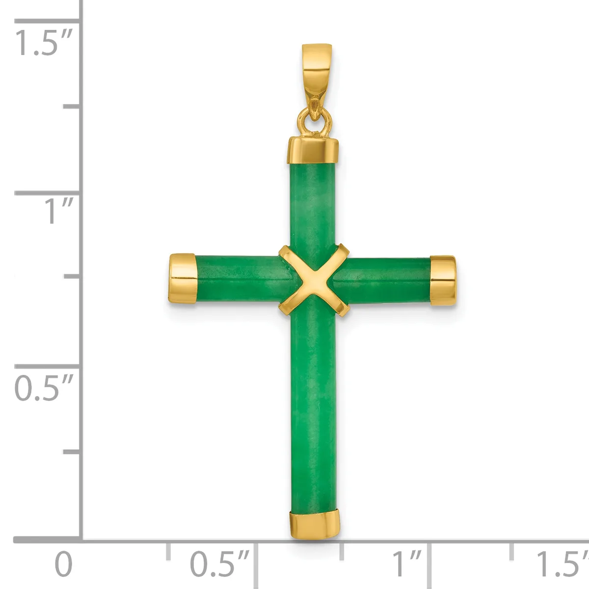 A green jade cross pendant with gold-tone metal caps and spacers, shown next to a ruler measuring approximately 1.5 inches tall.