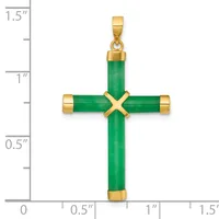 A green jade cross pendant with gold-tone metal caps and spacers, shown next to a ruler measuring approximately 1.5 inches tall.