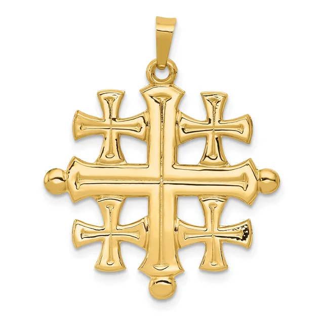 Gold pendant featuring a large ornate cross with four smaller crosses at each cardinal point and decorative ball finials, shown against a white background.