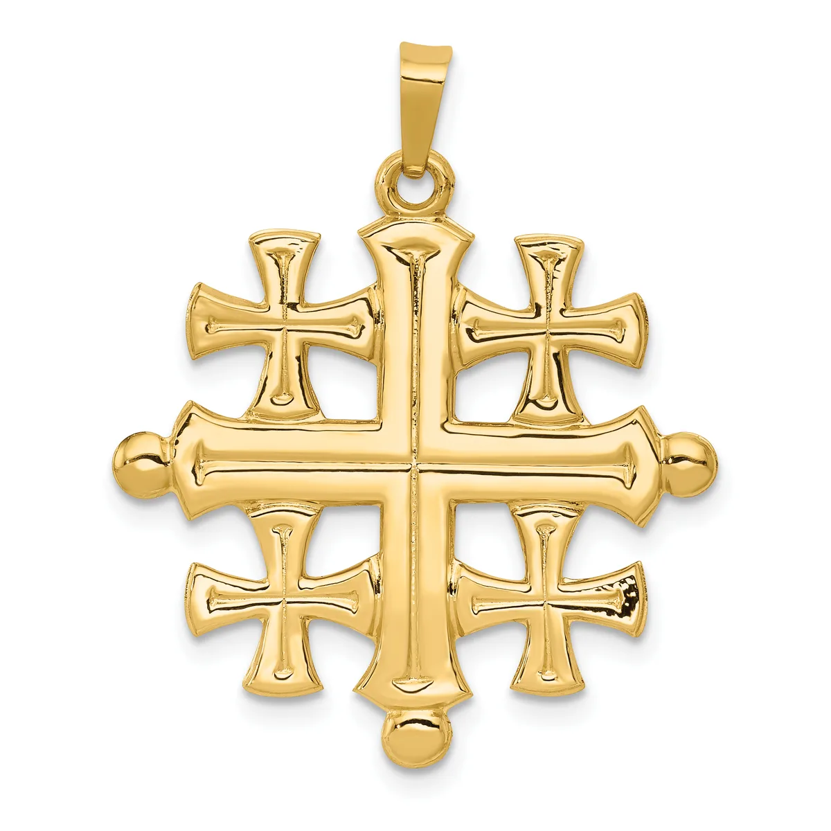 Gold pendant featuring a large ornate cross with four smaller crosses at each cardinal point and decorative ball finials, shown against a white background.