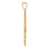 A long gold pendant with an ornate teardrop loop at the top and decorative etched patterns along its shaft, shown against a white background.