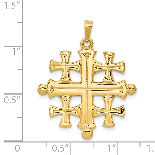 Gold-toned cross pendant with ornate flared arms and smaller crosses at cardinal points, shown against a measurement scale indicating approximately 1.25 inches in height.