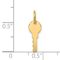 Gold-colored key charm with a loop at the top, shown next to a ruler indicating approximately 0.5 inches wide and 1 inch tall.