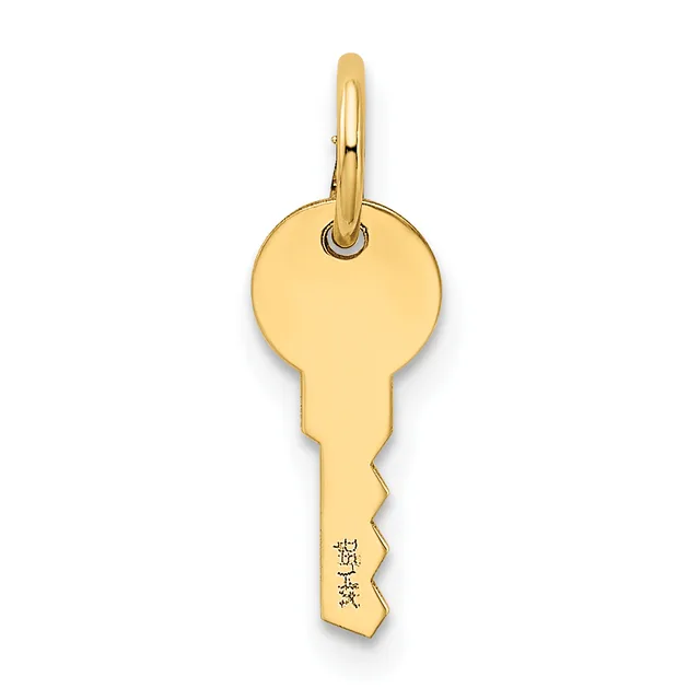 A gold key-shaped pendant with a loop bail at the top, shown against a white background.