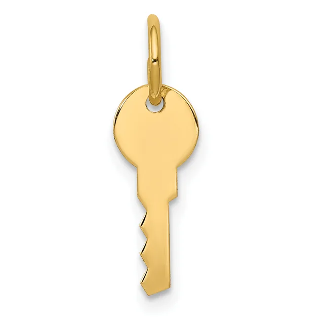 A gold key-shaped pendant with a loop at the top, shown against a white background.