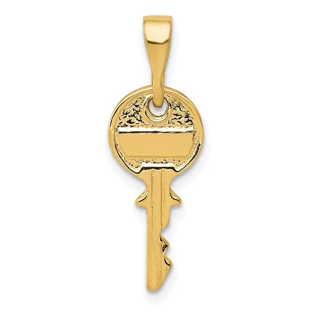 A gold key pendant with an ornate round head featuring decorative detailing and a rectangular shaft, suspended from a rectangular bail.