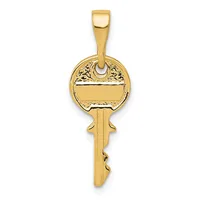 A gold key pendant with an ornate round head featuring decorative detailing and a rectangular shaft, suspended from a rectangular bail.