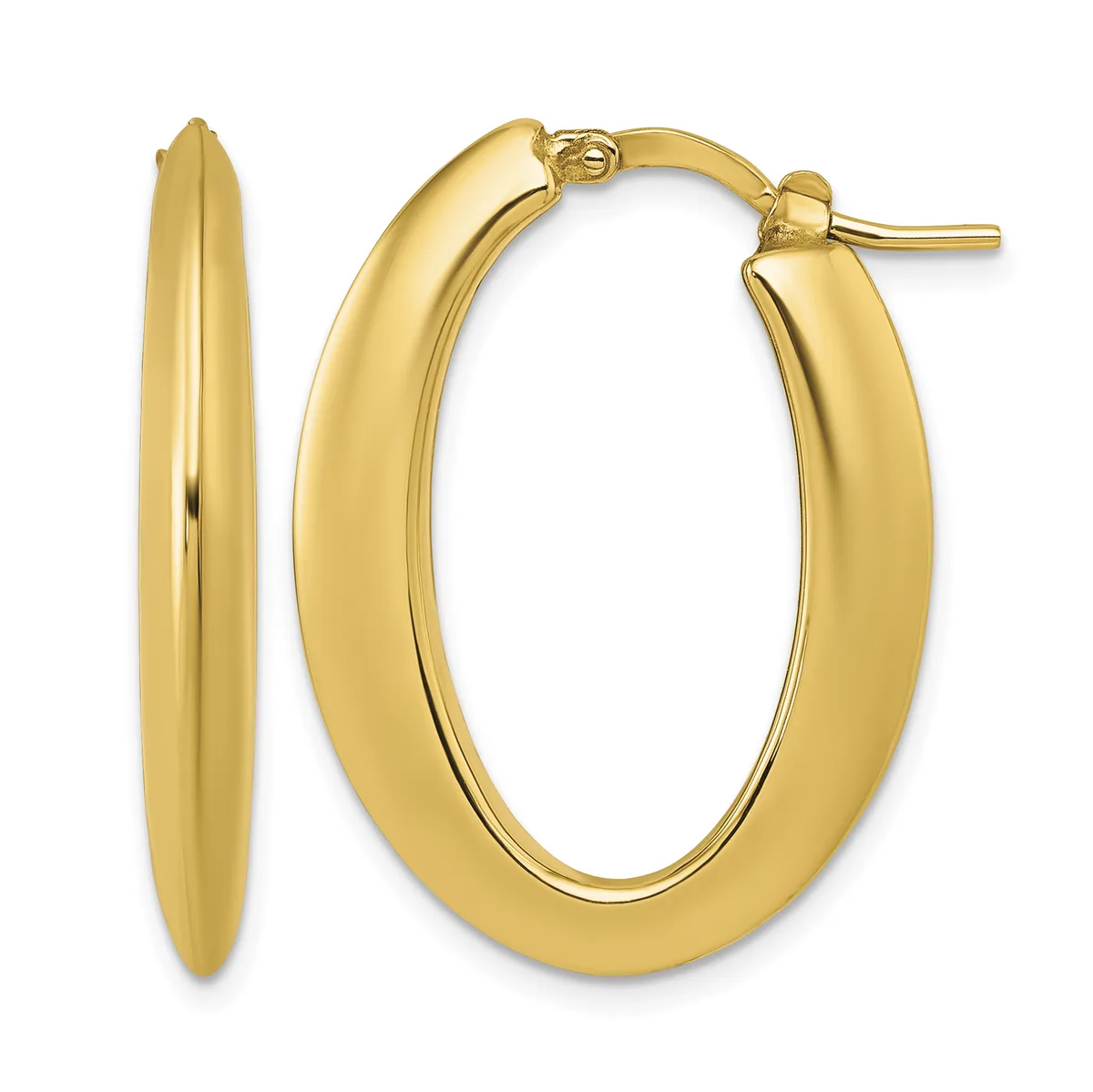 A pair of polished gold oval hoop earrings shown from front and side views, with post and clutch closures.