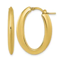 A pair of polished gold oval hoop earrings shown from front and side views, with post and clutch closures.