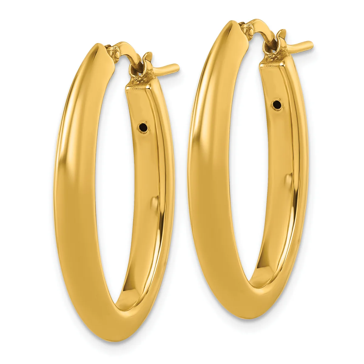 A pair of polished gold hoop earrings with a smooth, rounded profile and post-and-clutch closures, shown from the front and back.