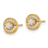 Pair of gold stud earrings with round opal centers surrounded by circular halos of small diamonds, shown from the front.