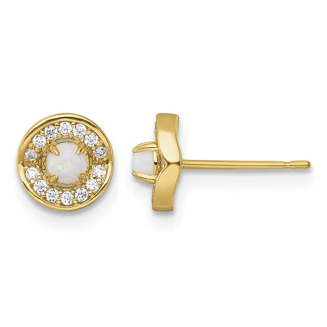 Pair of gold stud earrings with round opal centers surrounded by diamond halos, shown from front and side views.