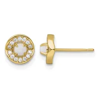 Pair of gold stud earrings with round opal centers surrounded by diamond halos, shown from front and side views.