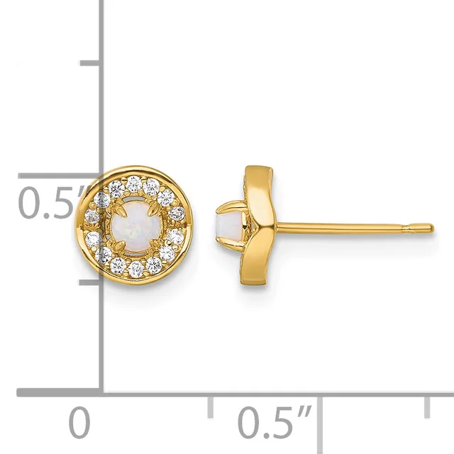 Pair of gold stud earrings with round opal centers surrounded by small diamonds, shown front and side view on a measurement scale.