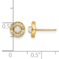 Pair of gold stud earrings with round opal centers surrounded by small diamonds, shown front and side view on a measurement scale.