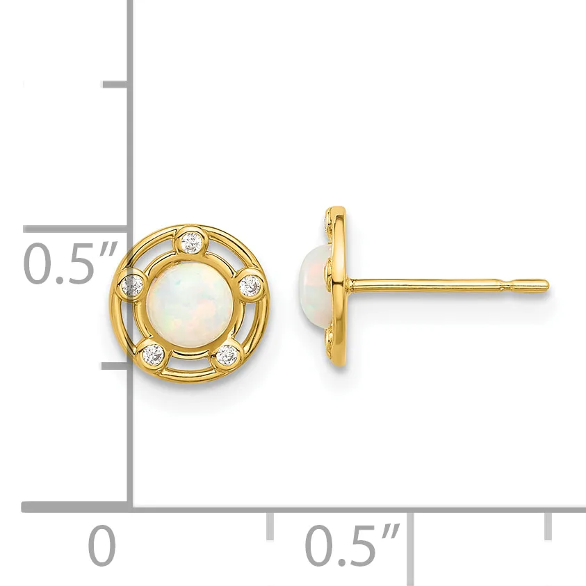 Pair of gold stud earrings featuring round white opal centers surrounded by small round diamonds in circular settings, shown with measurement scale.