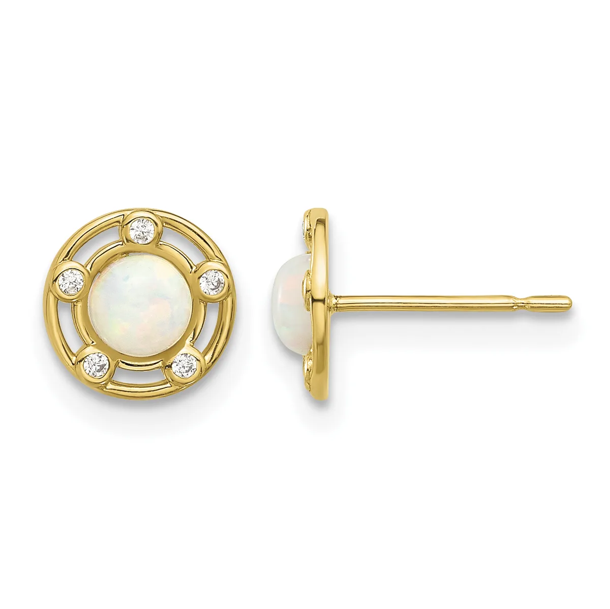 Pair of gold stud earrings with white opal centers surrounded by round diamond accents, shown from front and side views.