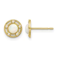 Pair of gold stud earrings with white opal centers surrounded by round diamond accents, shown from front and side views.