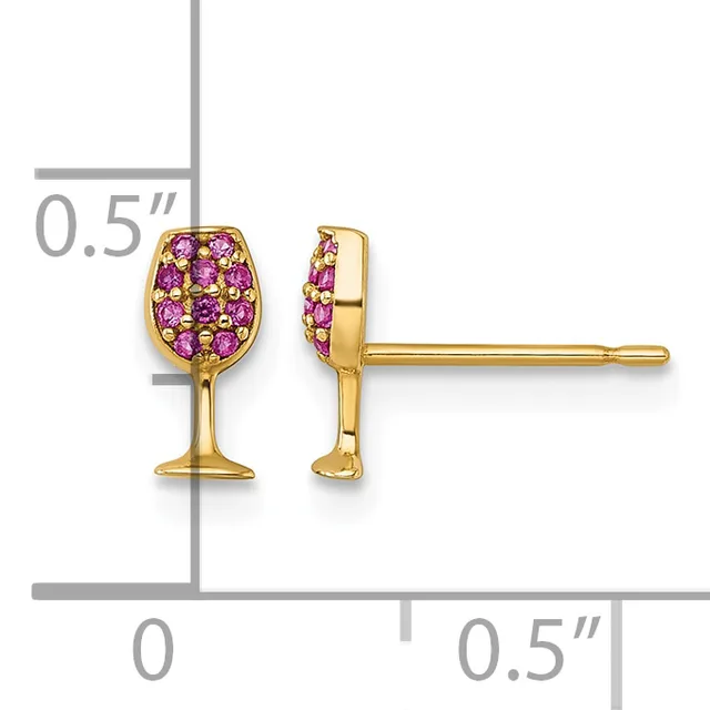 Gold wine glass stud earrings with purple gemstone accents, shown from front and side view with a measurement scale indicating approximately 0.5 inches in height.