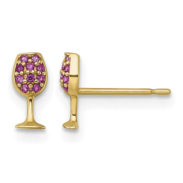 Pair of gold wine glass stud earrings with purple gemstones set in the bowl of each glass, shown from front and side views.