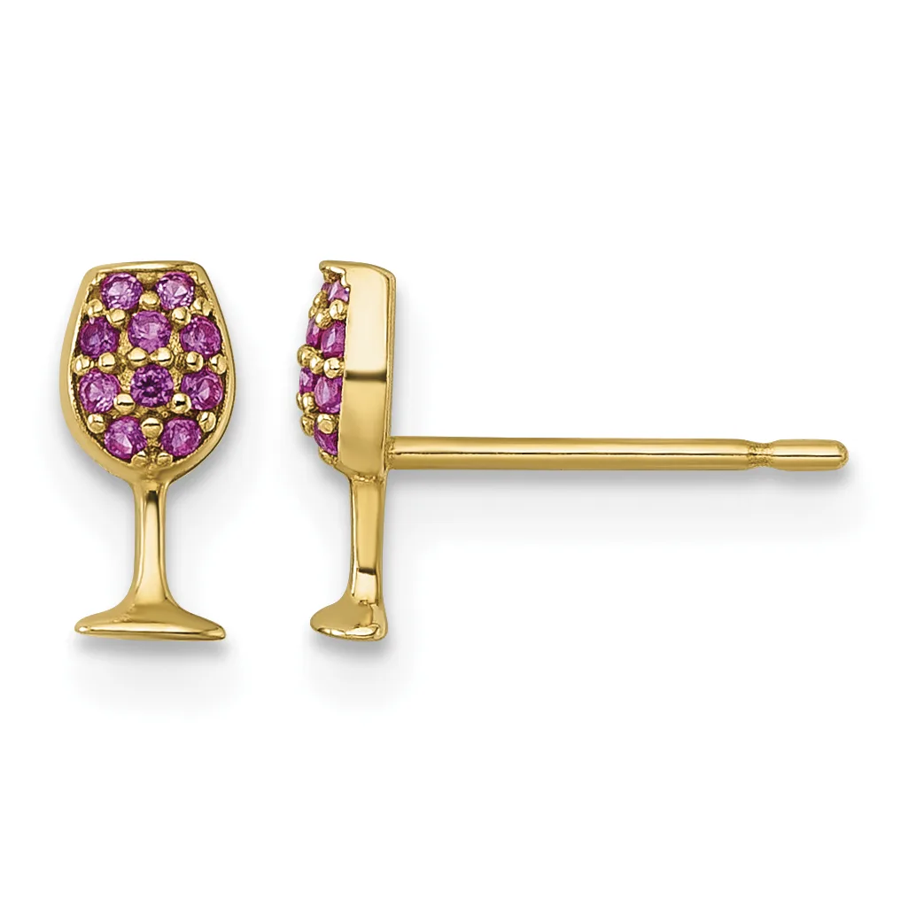 Pair of gold wine glass stud earrings with purple gemstones set in the bowl of each glass, shown from front and side views.