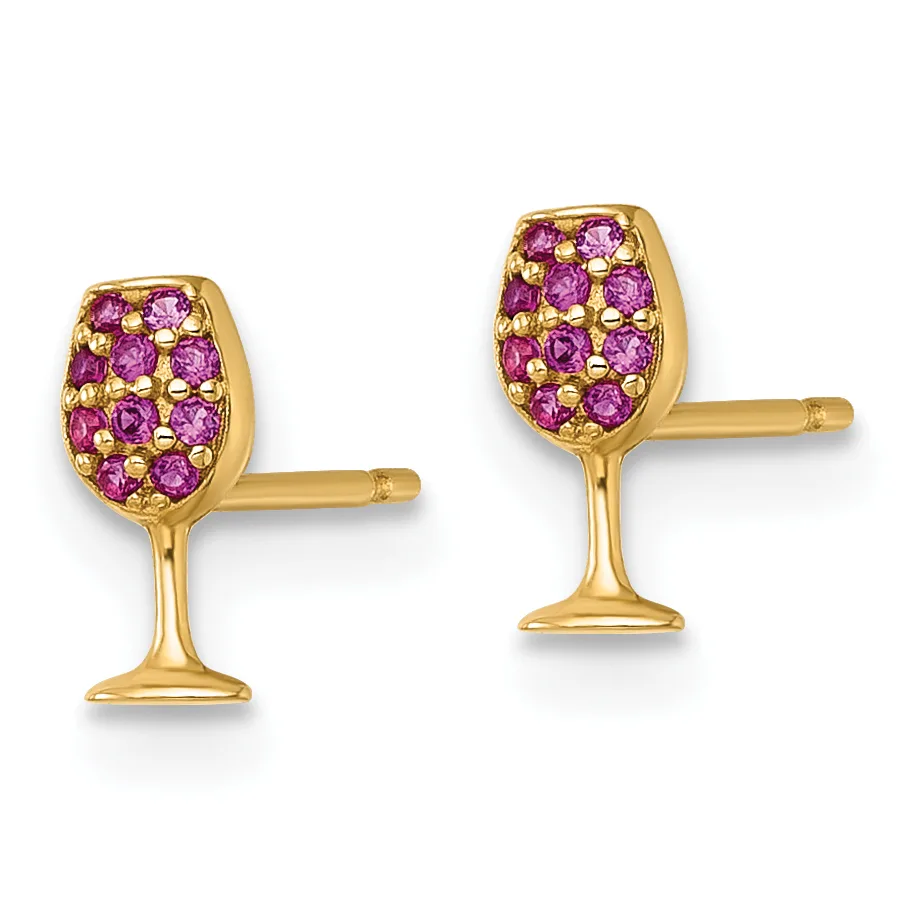 Pair of gold wine glass-shaped stud earrings with purple and pink gemstones set in the bowl of each glass.