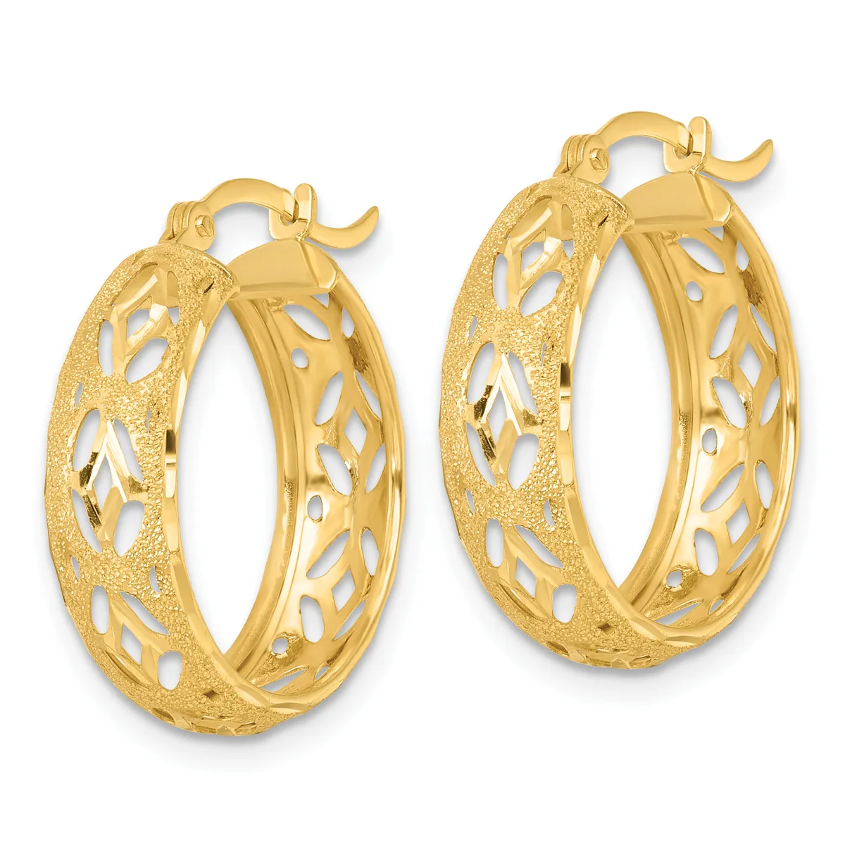 A pair of gold hoop earrings with textured and pierced leaf-like patterns on the outer surface, shown against a white background.
