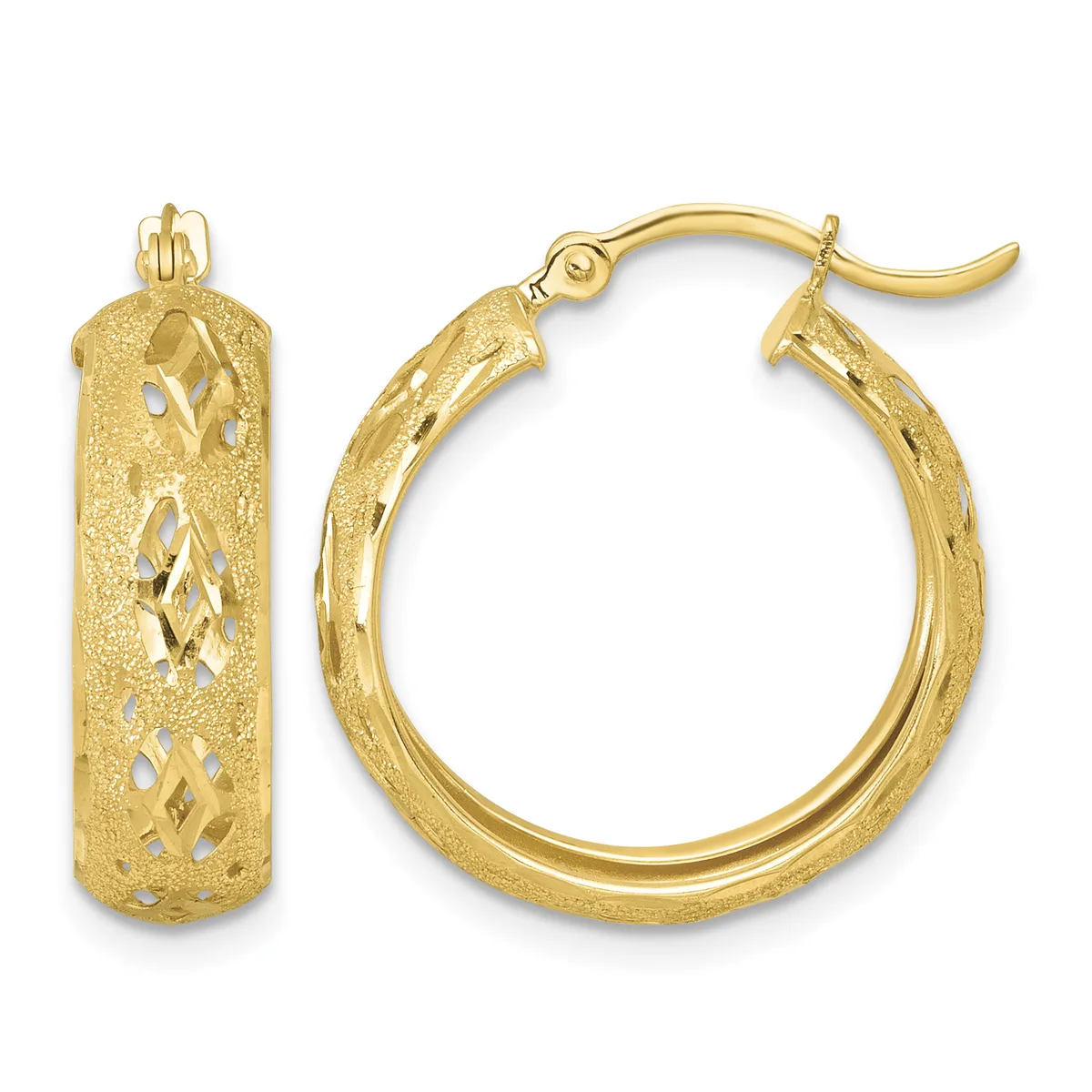 A pair of gold hoop earrings with textured surfaces and cutout diamond pattern designs, shown from front and side views.