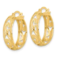 Pair of gold hoop earrings with textured surfaces and decorative cutout designs, displayed against a white background.